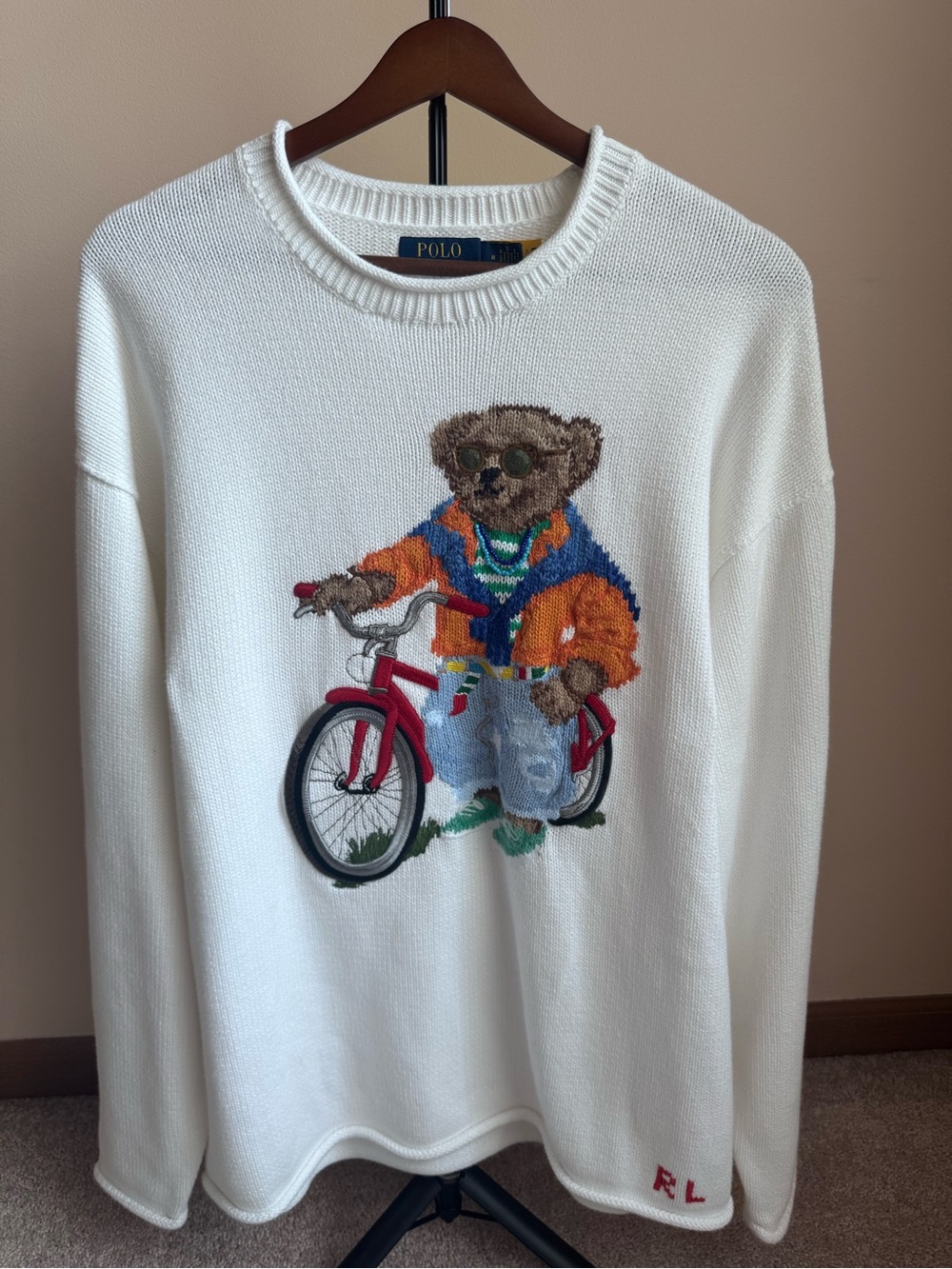 Polo by Ralph Lauren Cream Crewneck Sweater with Bear Bicycle Motif
